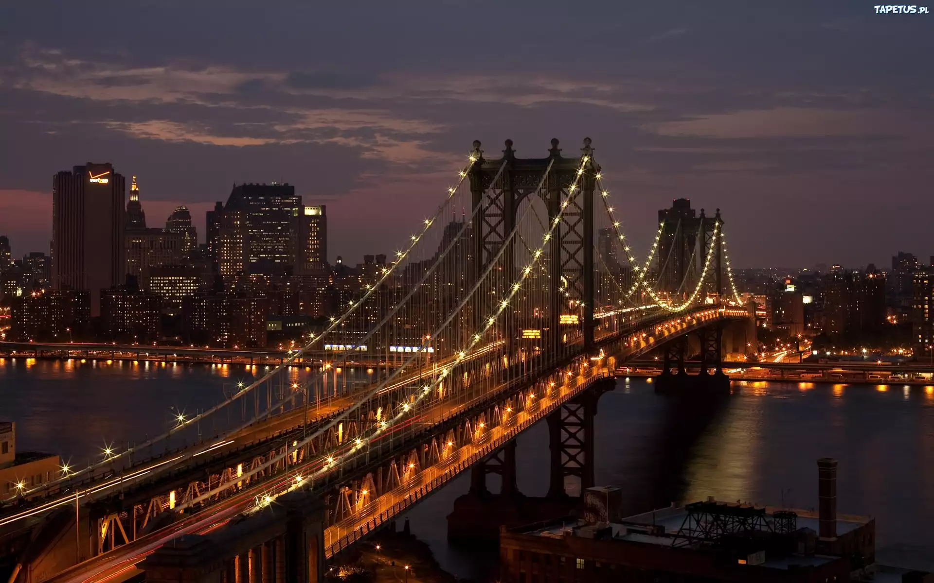 Nowy, York, Most, Brooklyn, Panorama, Miasta, Noc
