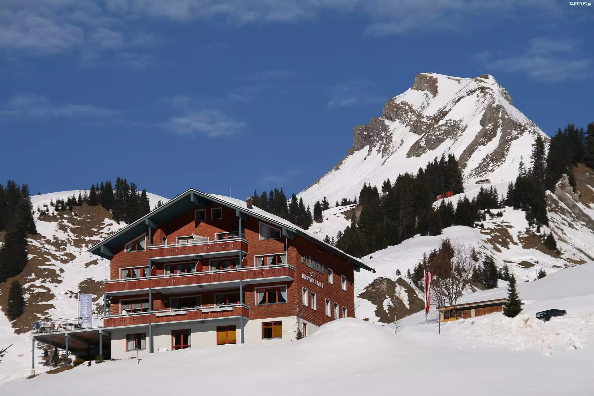 Damuls, Austria, Zima, Góry, Pensjonat, Śnieg