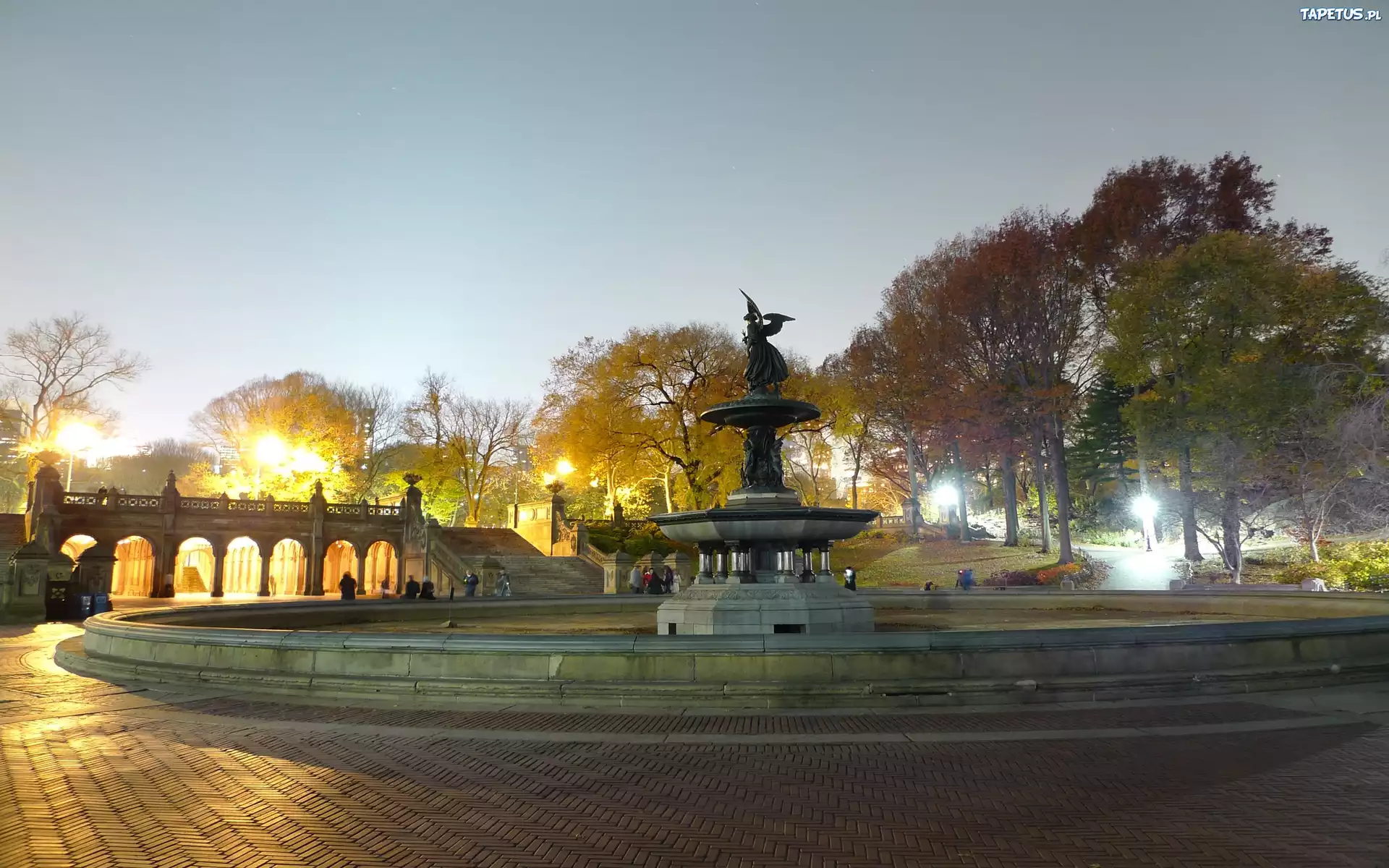Fontanna, Park, Noc, Światła