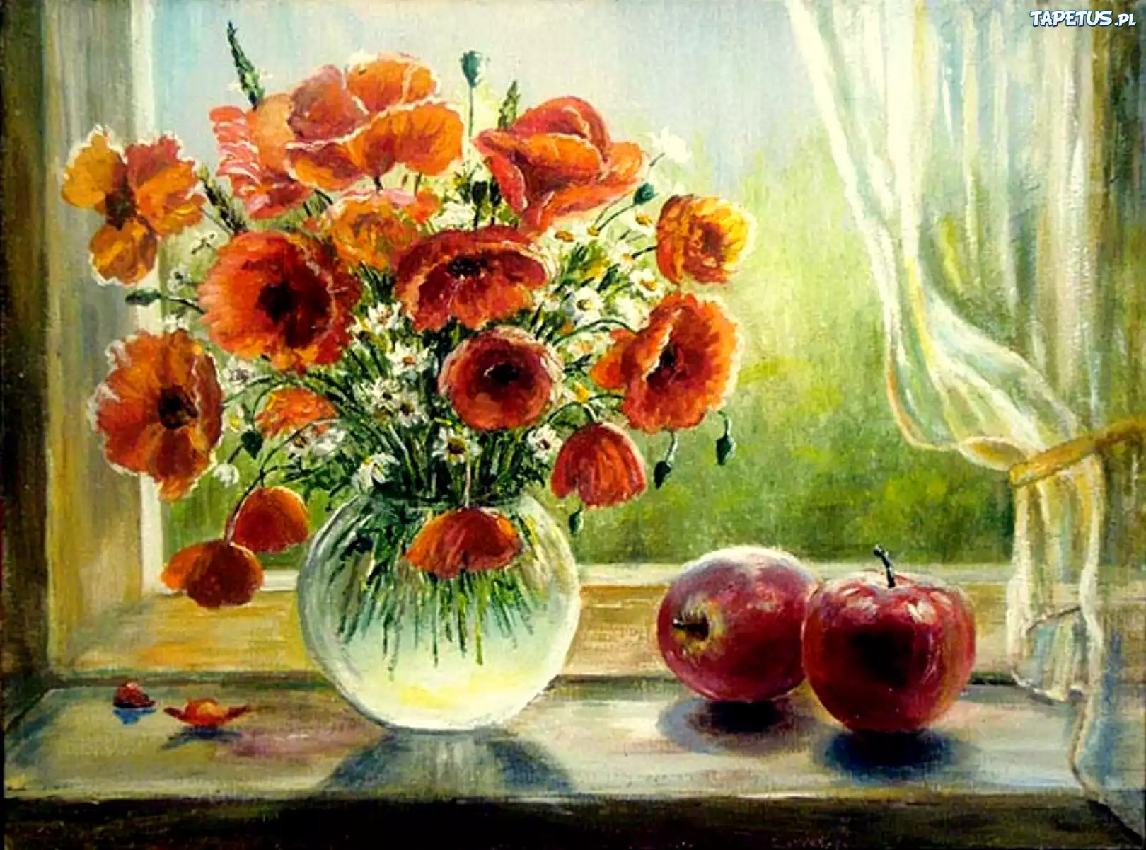 Obraz, Jabłuszka, Wazon, Maki