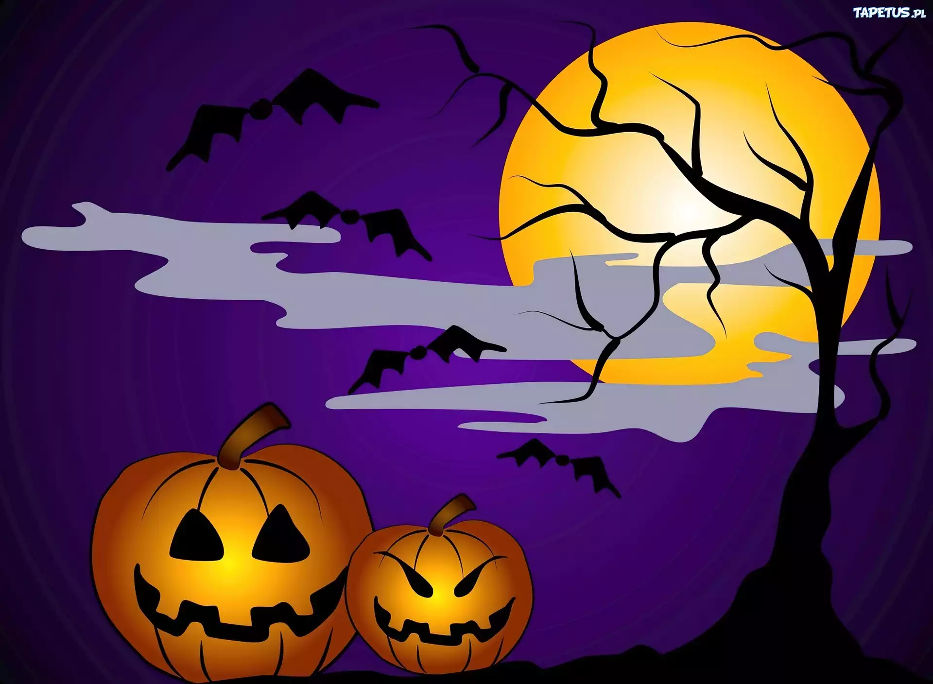 Dwie, Dynie, Księżyc, Drzewo, Halloween, Grafika