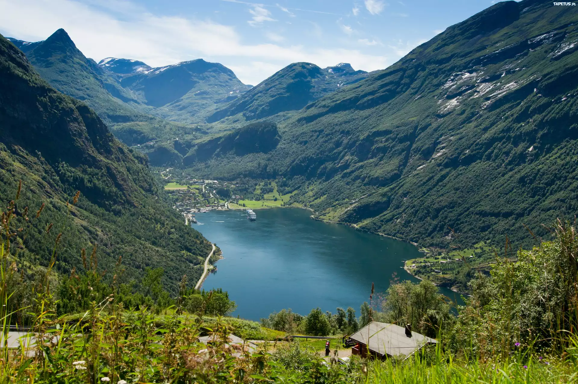 Jezioro, Góry, Fiord Geiranger, Norwegia