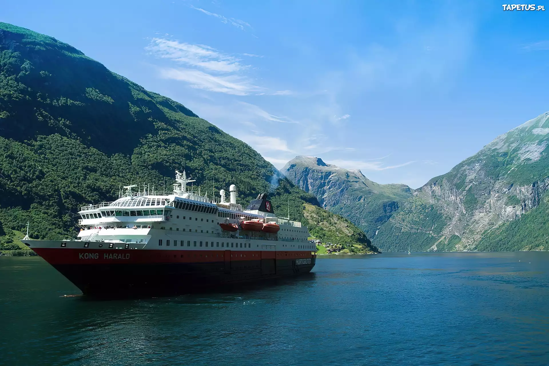 Jezioro, Góry, Statek, Geiranger, Norwegia