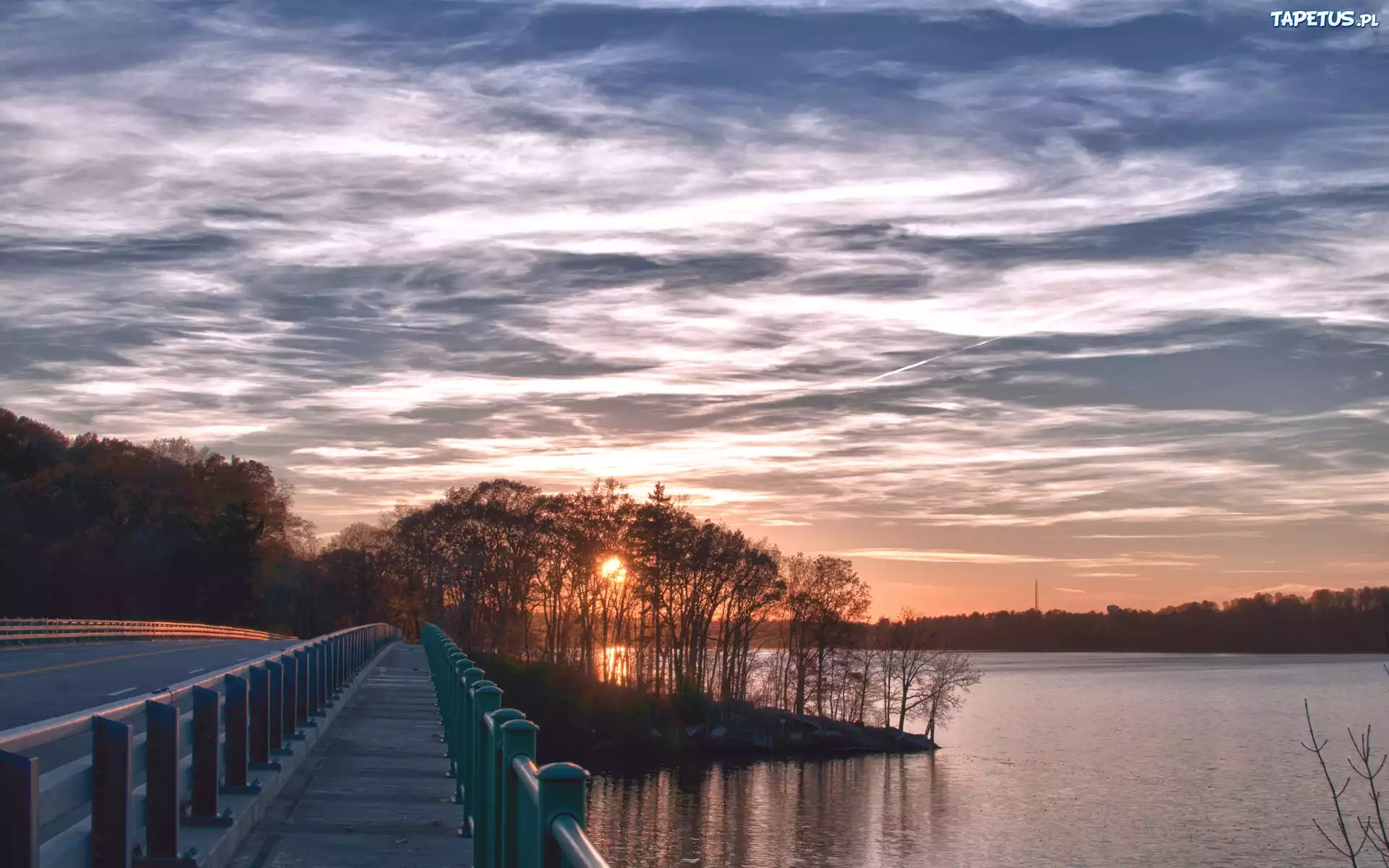 Most, Jezioro, Zachód Słońca, Drzewa