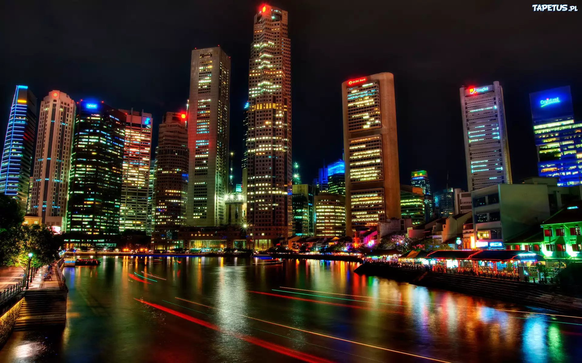 Noc, Widok, Miasta, Wieżowce, Azja, Singapur