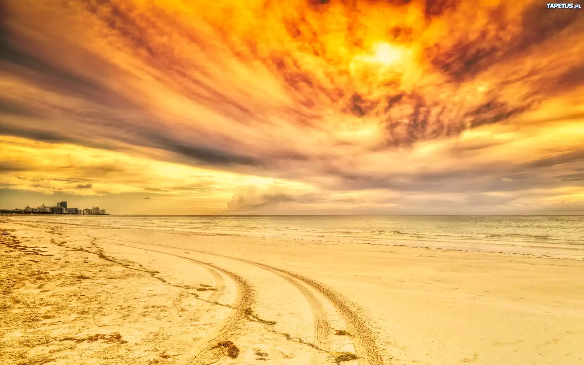 Zachód, Słońca, Plaża, Morze, Ślady, Kół