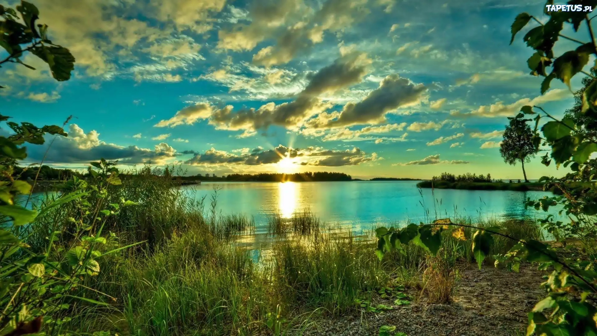 Zachód Słońca, Brzeg, Jezioro, Chmury