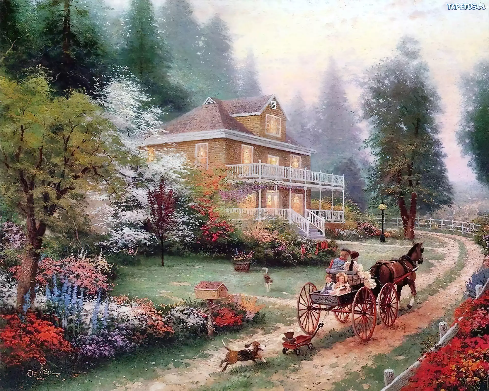 Dom, Droga, Bryczka, Obraz, Thomas Kinkade