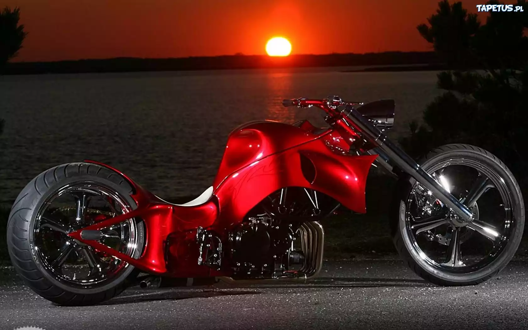 Zachód, Słońca, Jezioro, Czerwony, Motocykl