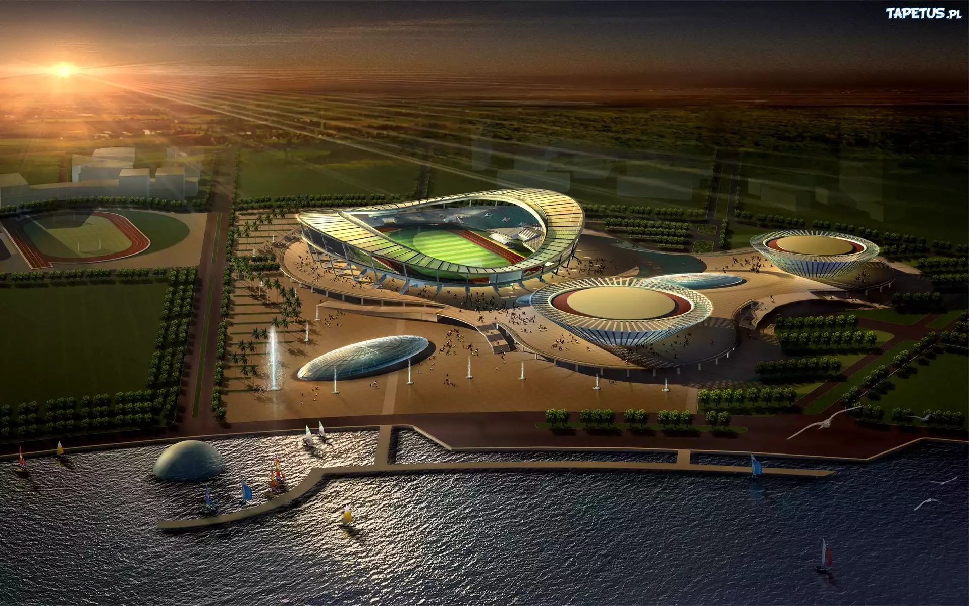 Projekt, Stadiony, Drzewa, Jachty, Jezioro, Zachód, Słońca