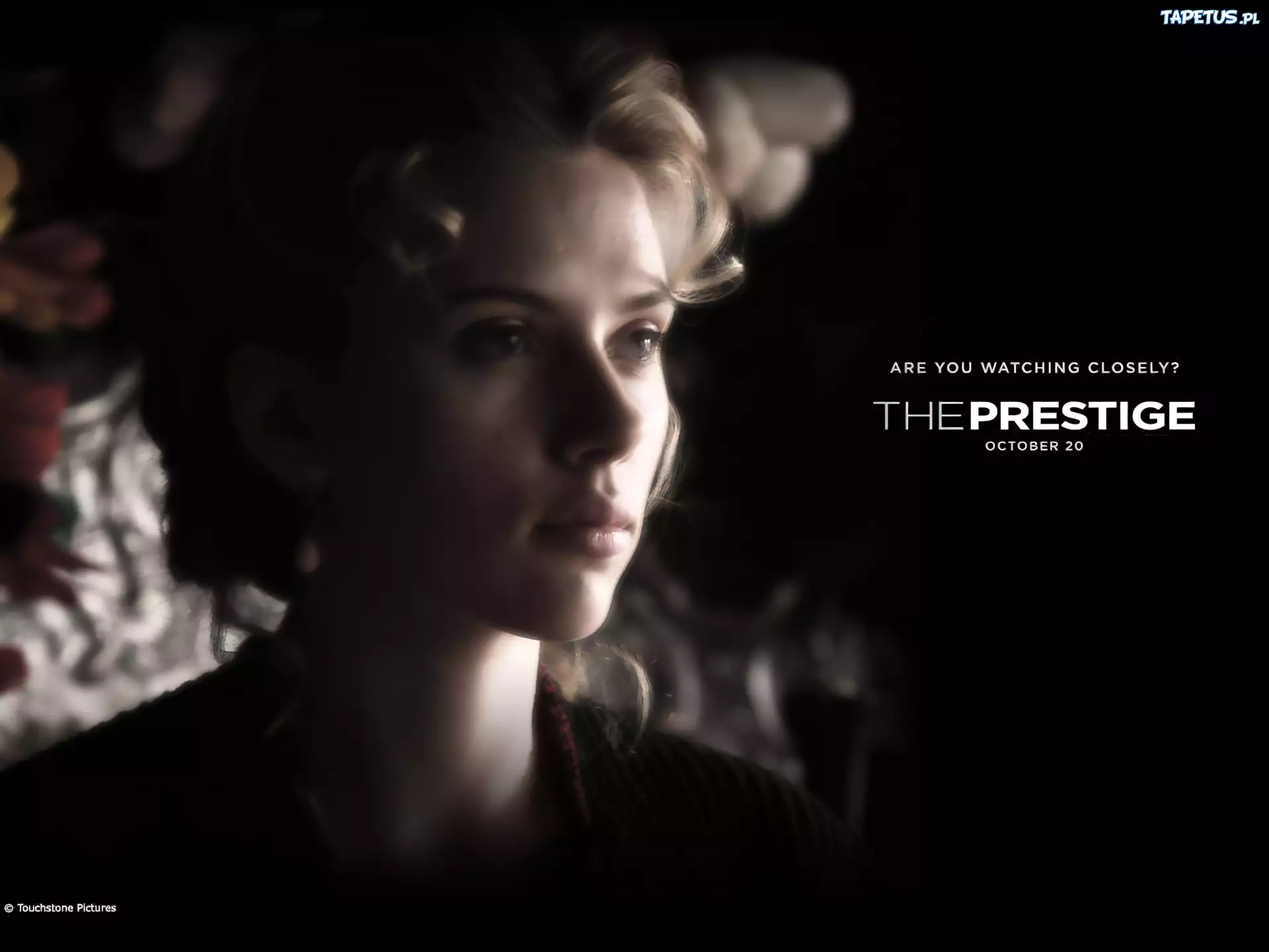 The Prestige, Scarlett Johansson, twarz, loki, napis
