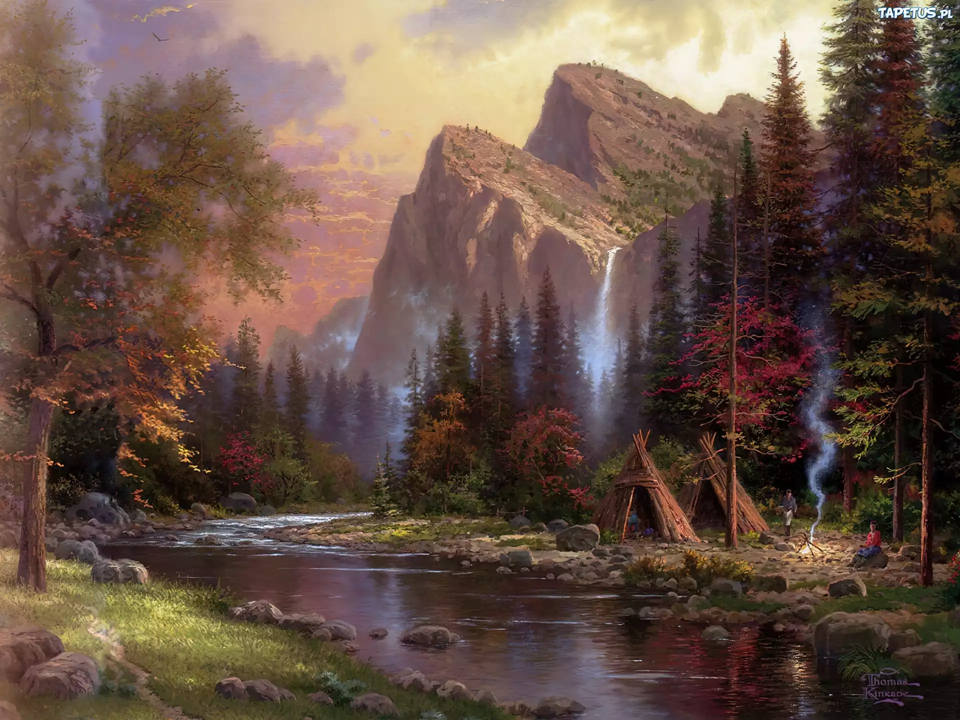 Góry, Rzeka, Las, Biwak, Thomas Kinkade