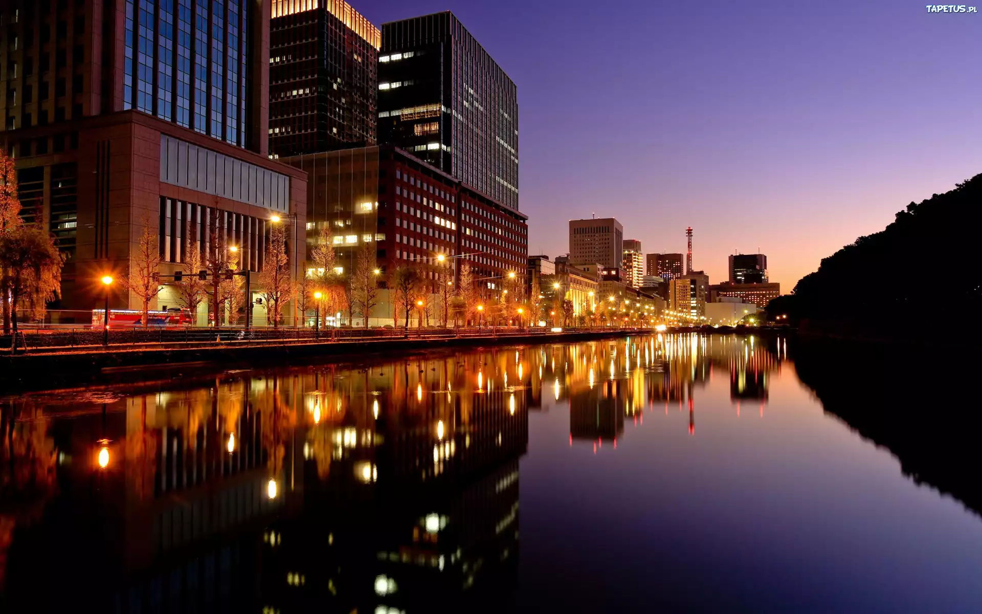Tokio, Japonia, Miasto, Rzeka, Wieczór