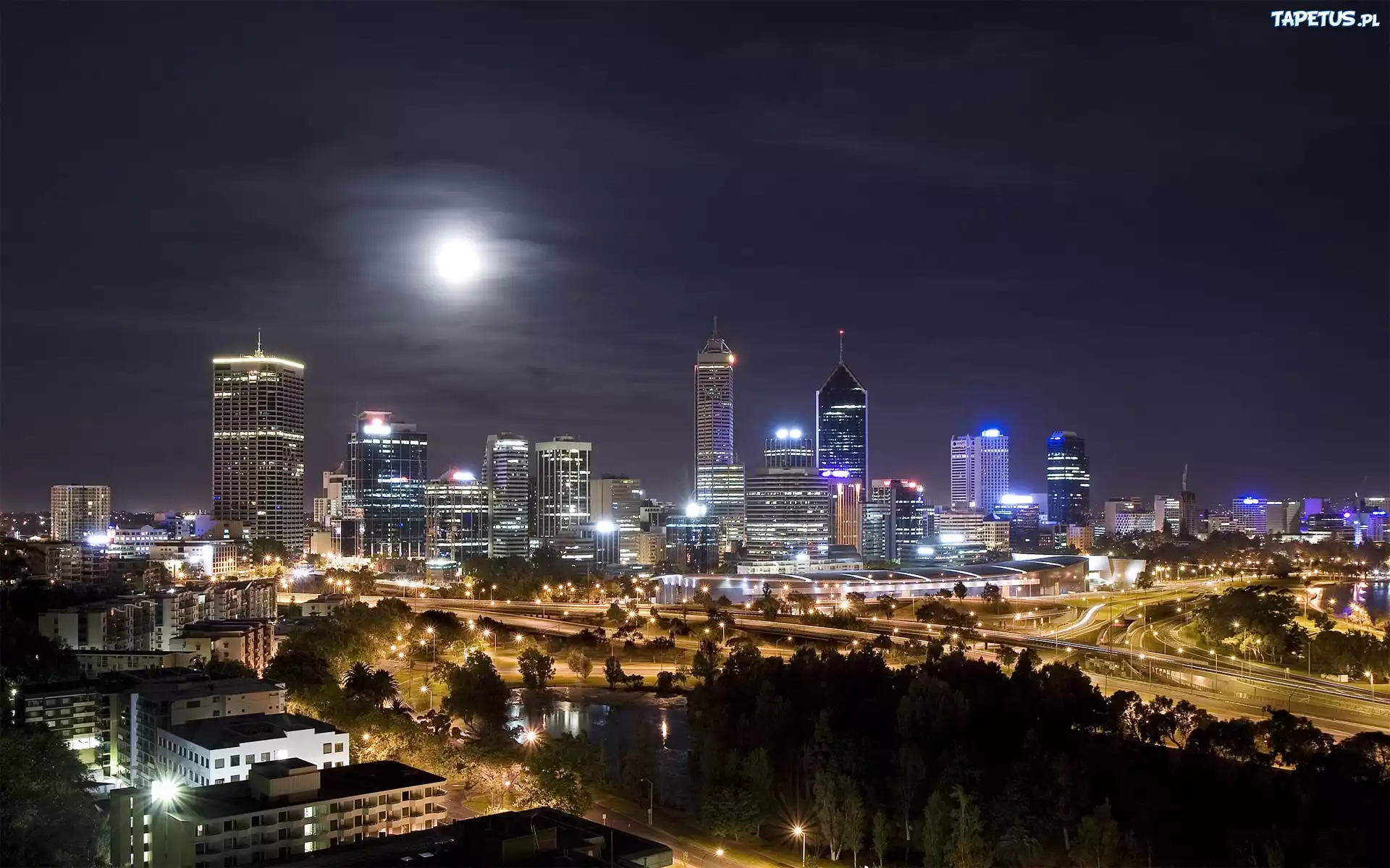 Miasto, Nocą, Księżyc, Drapacze Chmur