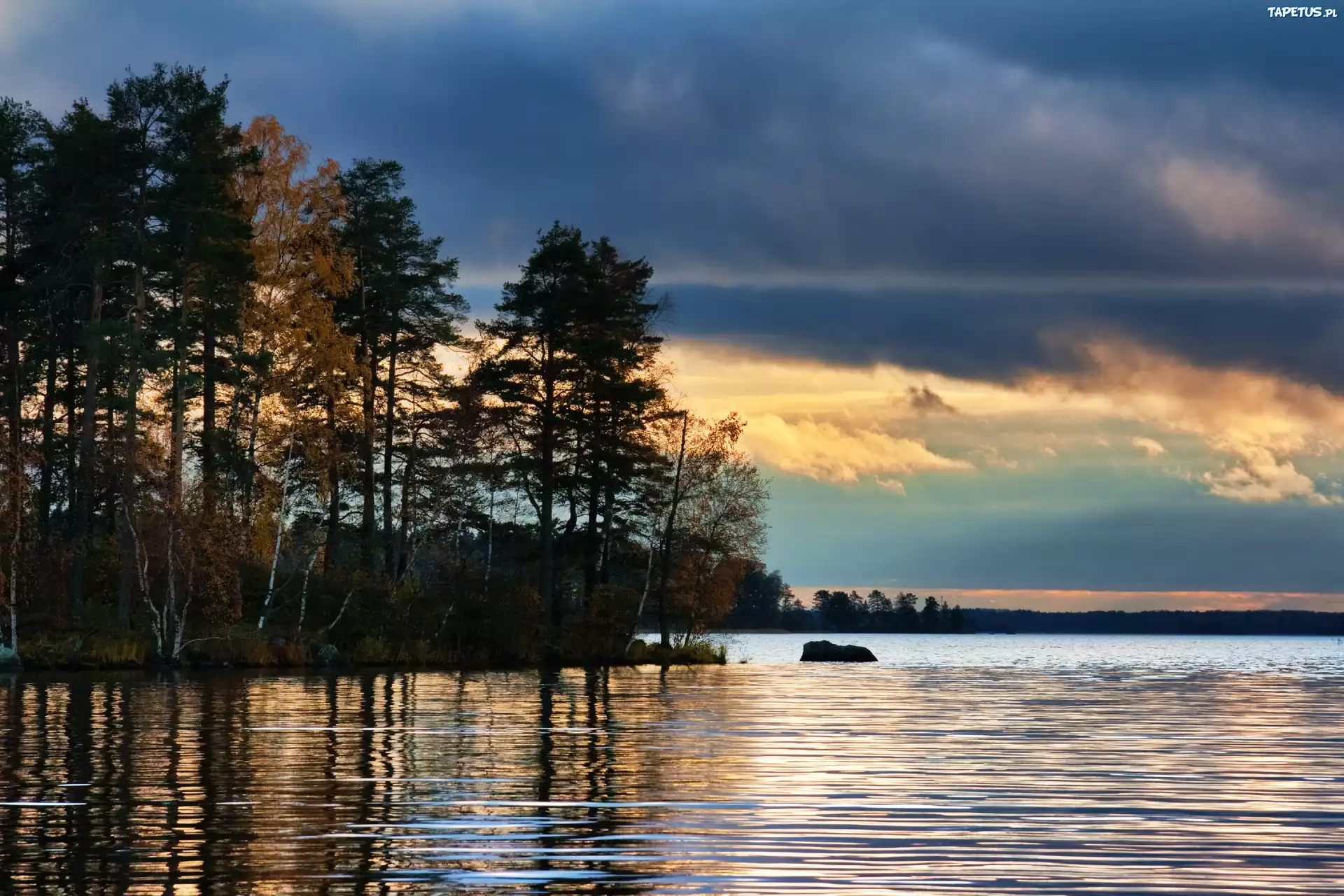 Jezioro, Drzewa, Chmury