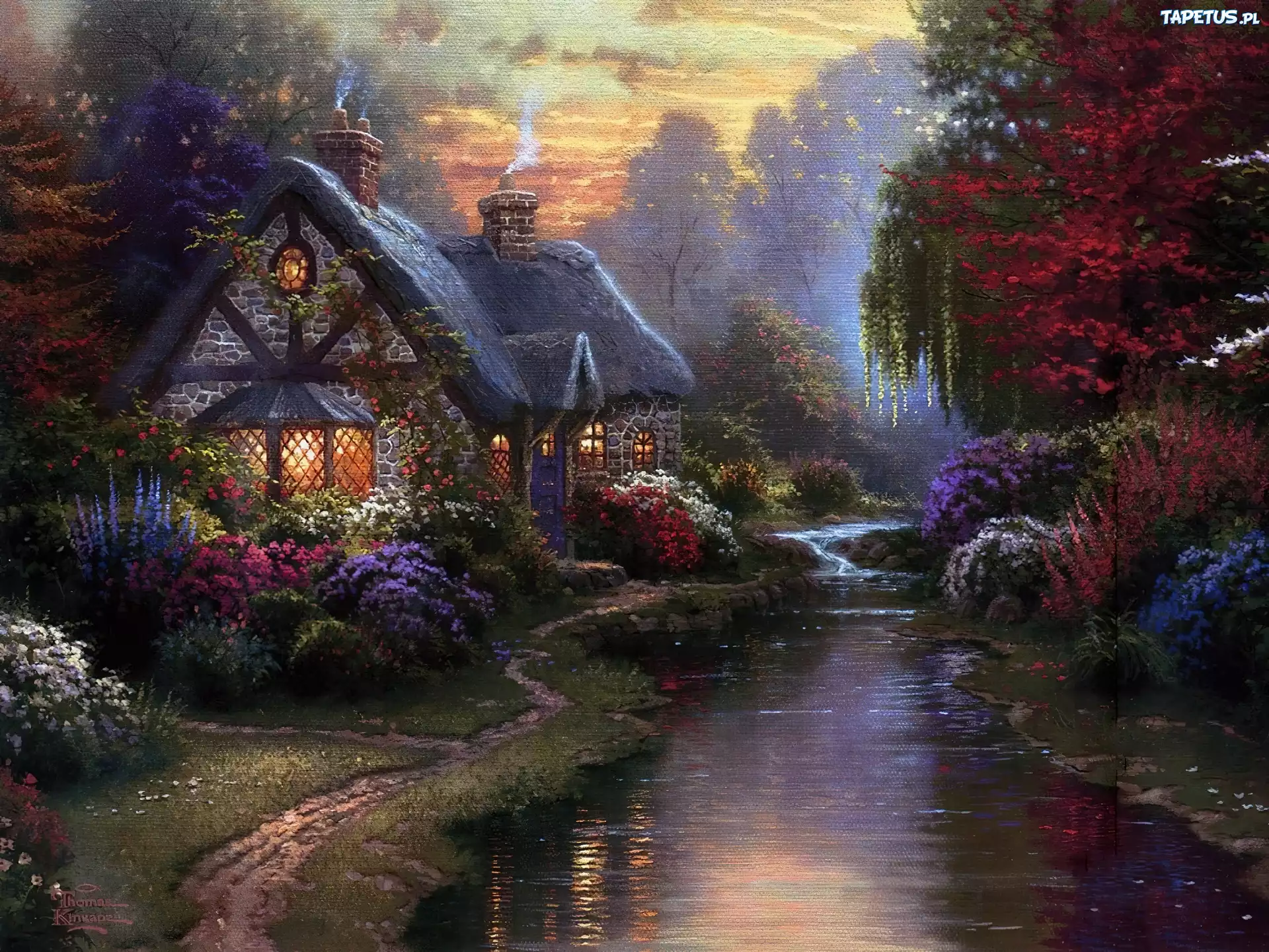Rzeczka, Chata, Kwiaty, Thomas Kinkade