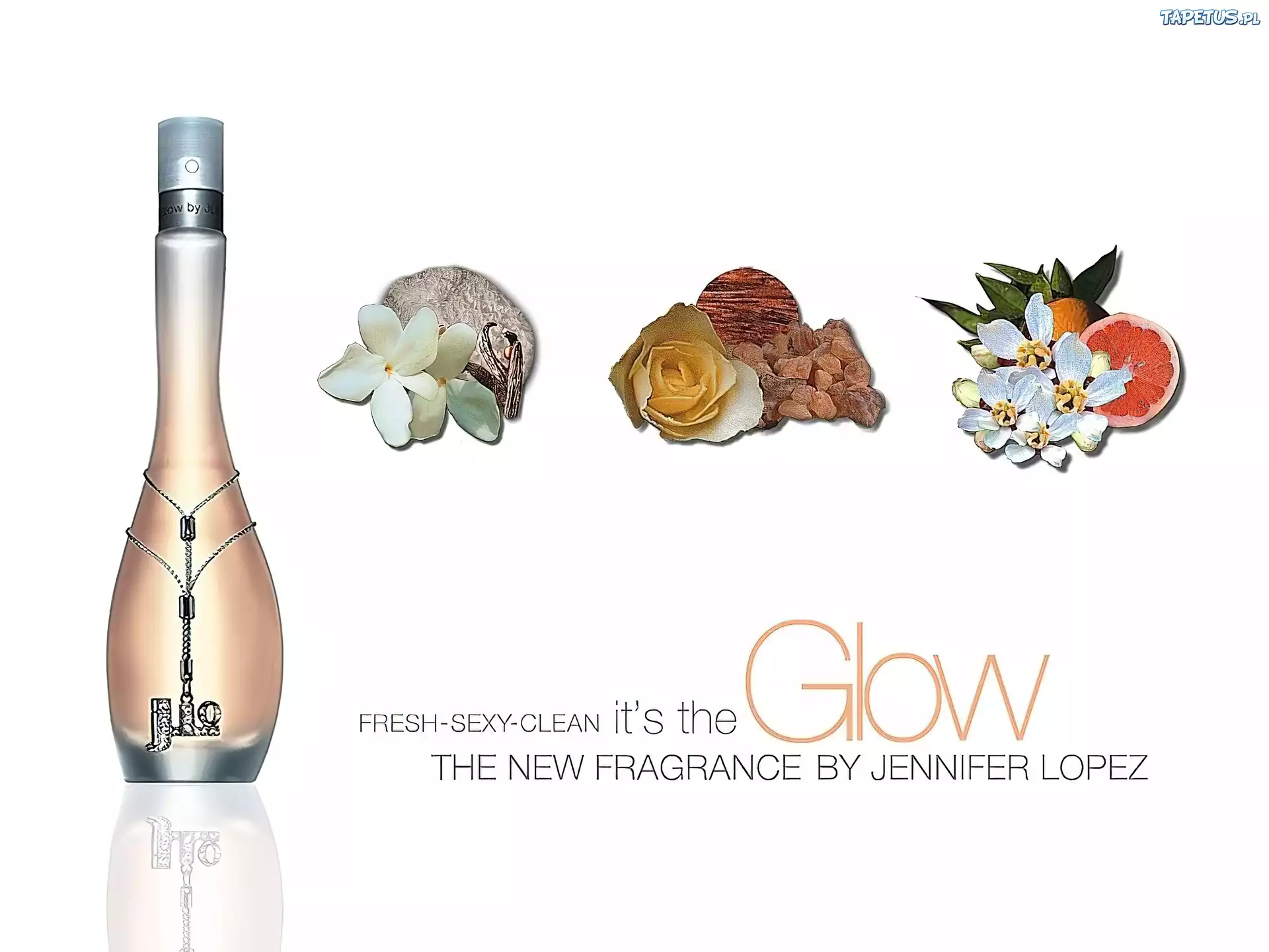 J Lo, kwiaty, kamienie, owoce, flakon, perfumy
