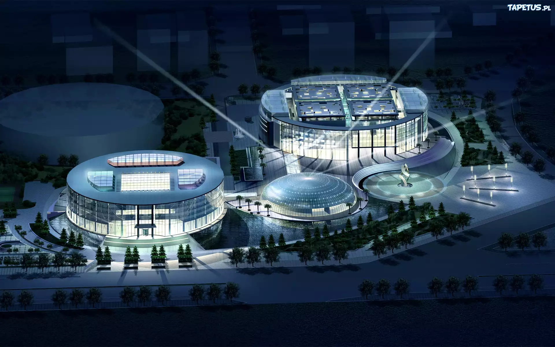 Architektura, Projekt, Okrągłe, Oświetlone, Budynki