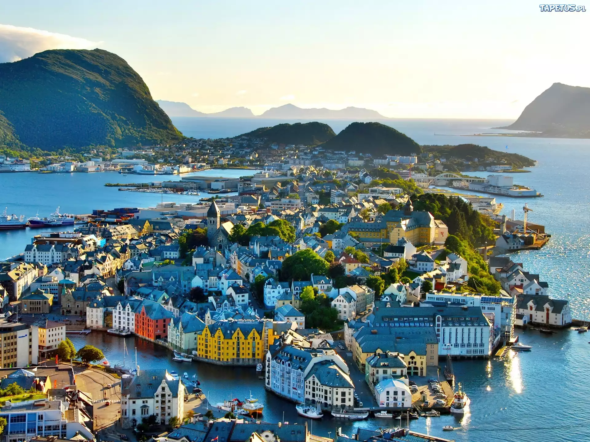 Morze, Panorama, Miasta, Alesund, Norwegia