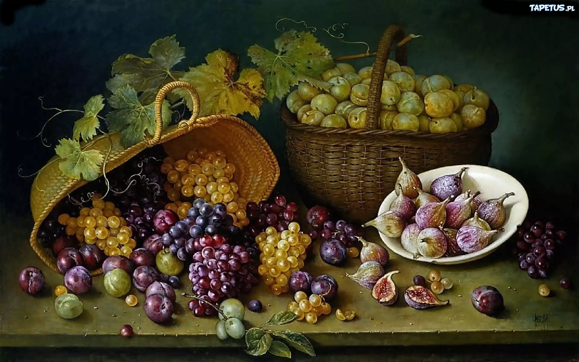 Owoce, Winogrona, Kosze, Stół, Śliwki
