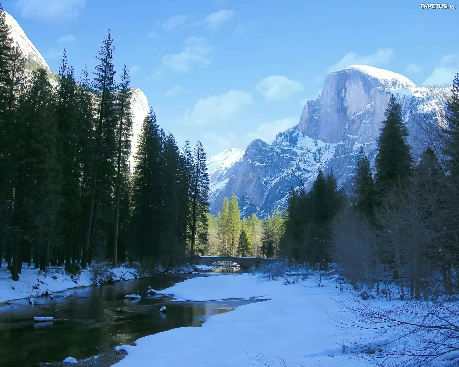 Rzeka, Zalesione, Brzegi, Góry, Zima, Yosemite