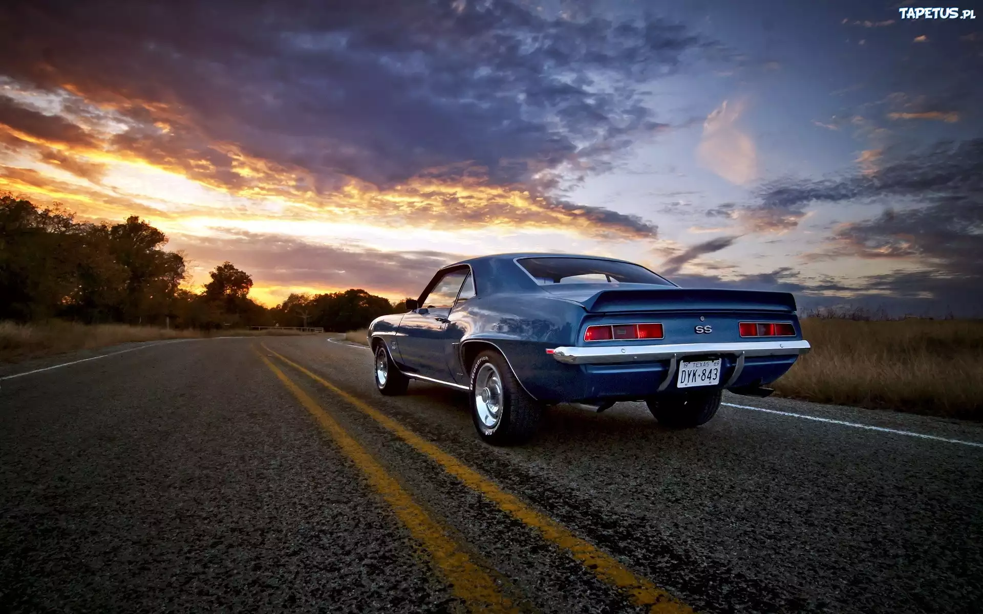 Chevrolet, Camaro SS, Droga, Chmury, Zachód, Słońca