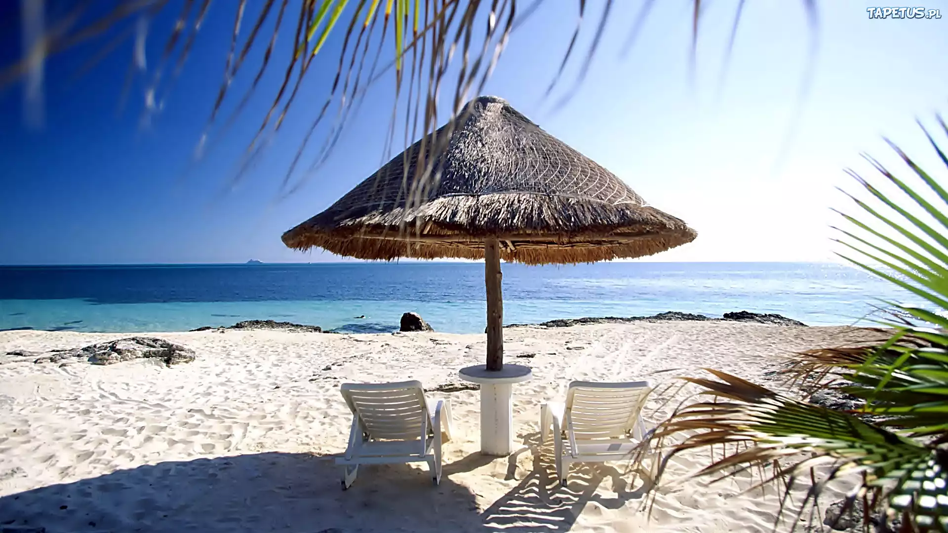 Ocean, Plaża, Parasol, Leżaki, Tropik