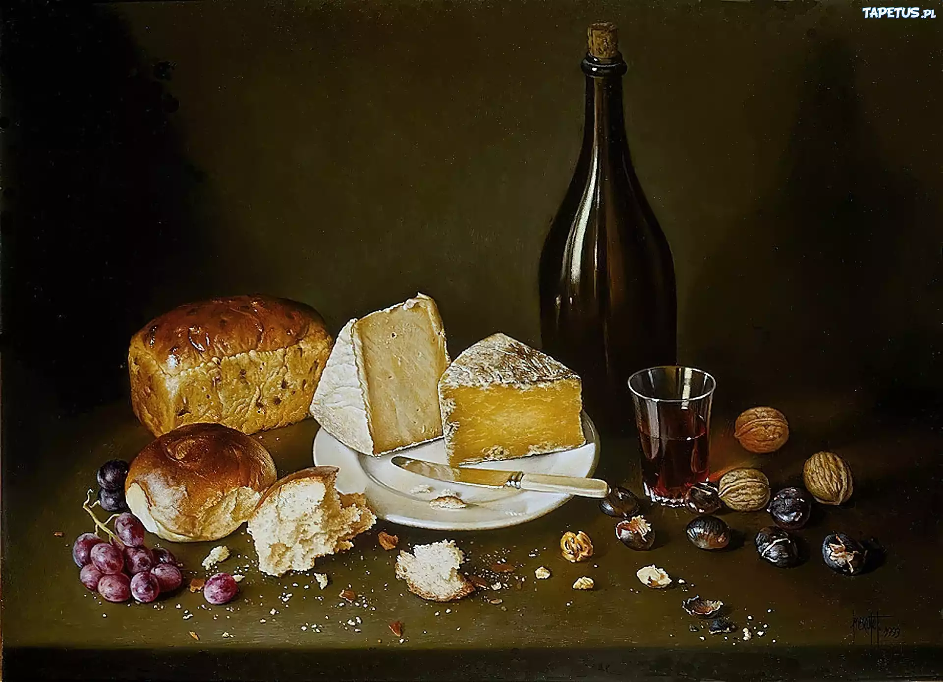 Butelka, Wino, Ser, Chleb, Winogrona, Stół