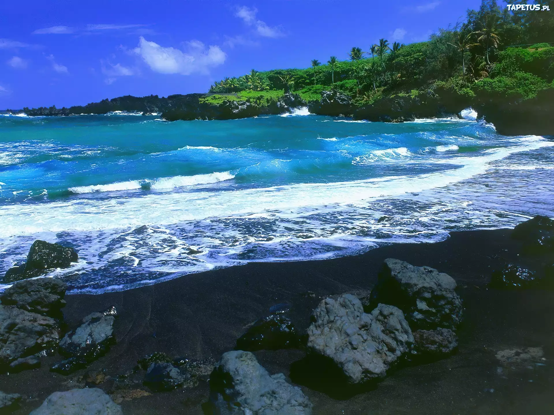 Czarna, Plaża, Kamienie, Morze, Maui, Hawaje
