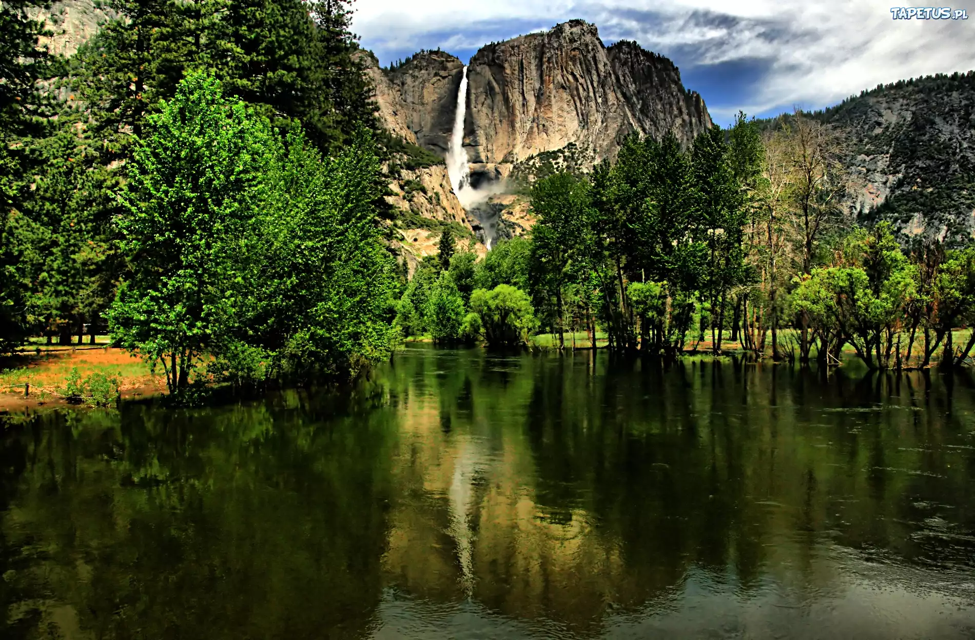 Wodospad, Góry, Jezioro, Yosemite, Kalifornia
