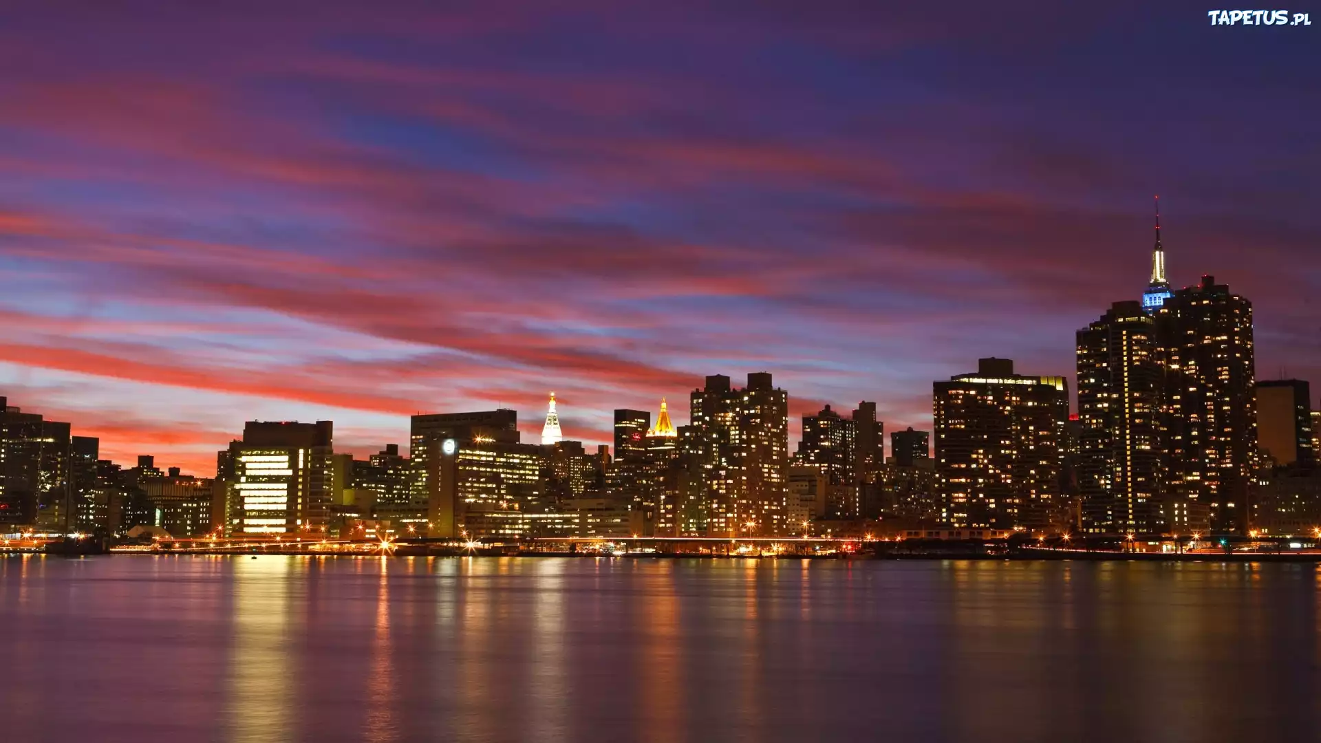 Manhattan, Oświetlony, Noc