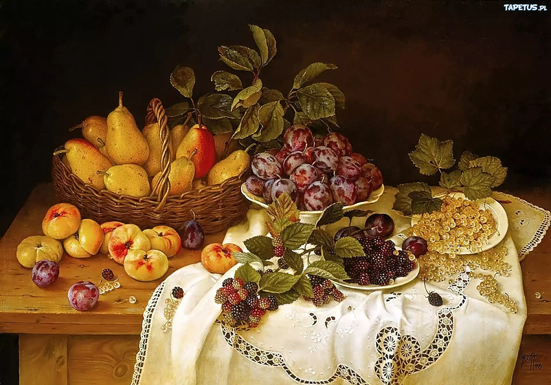 Owoce, Gruszki, Stół, Serweta