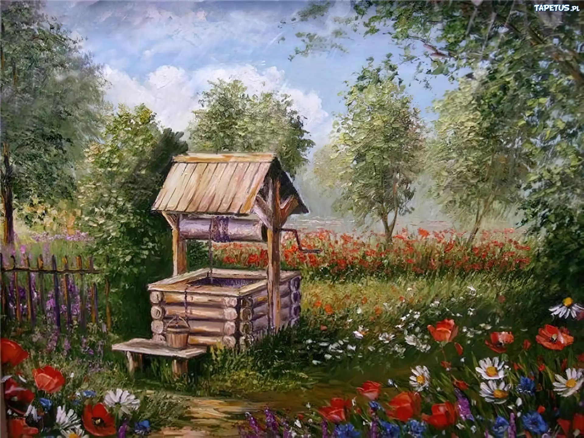 Ogród, Studnia, Kwiaty