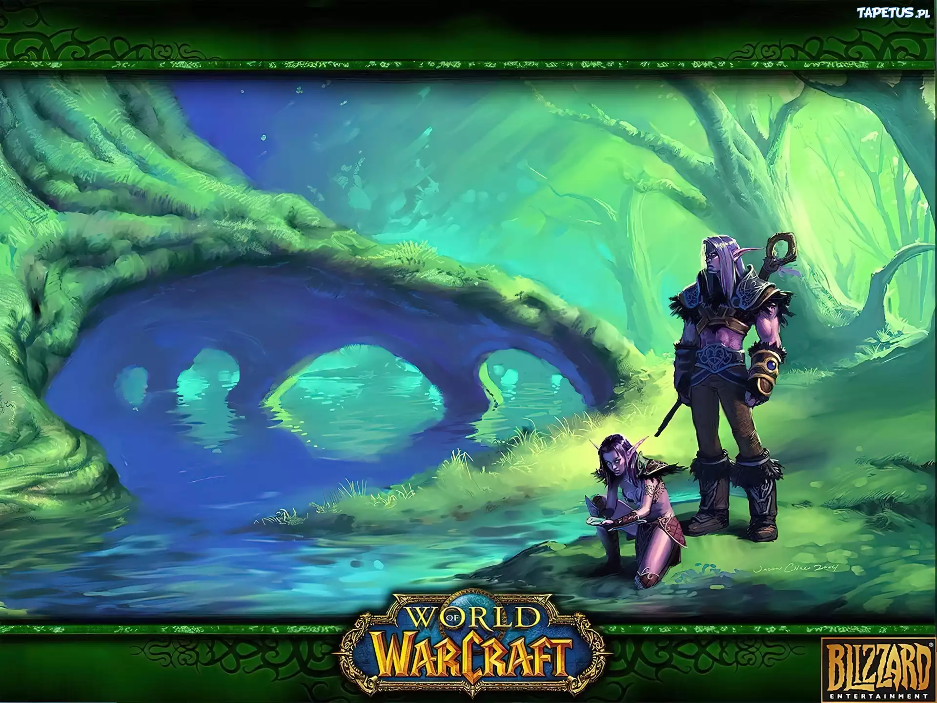 World Of Warcraft, kobieta, mężczyzna, elf, woda, drzewo, fantasy