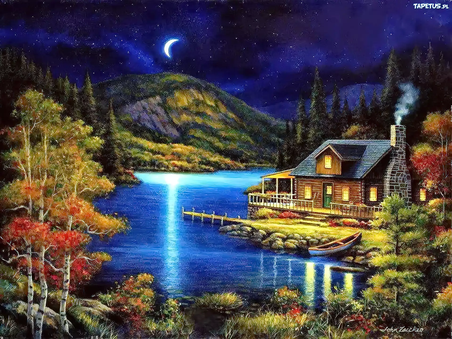 Jezioro, Domek, Góry, Noc