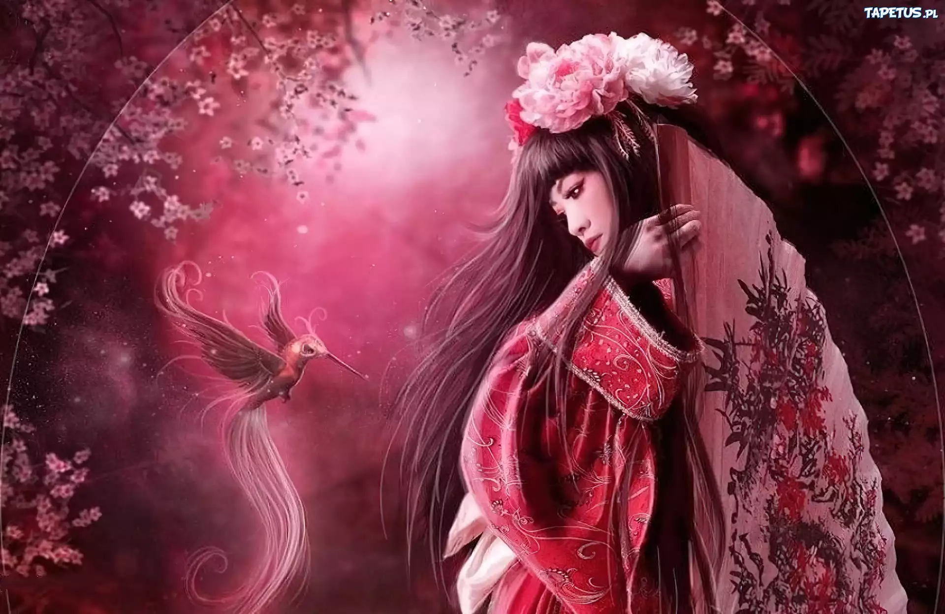 Kobieta, Kimono, Ptak