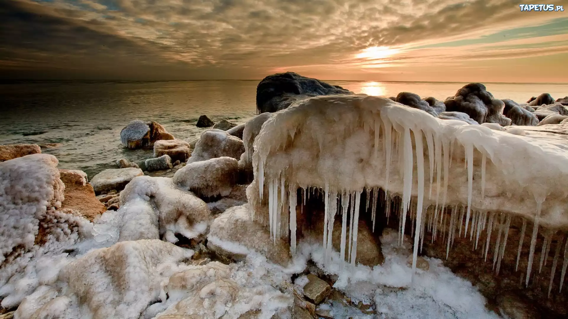 Morze, Plaża, Oblodzone, Kamienie, Zima