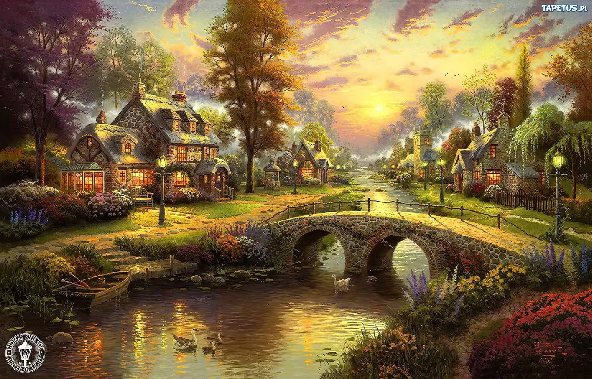 Rzeka, Most, Domy, Thomas Kinkade