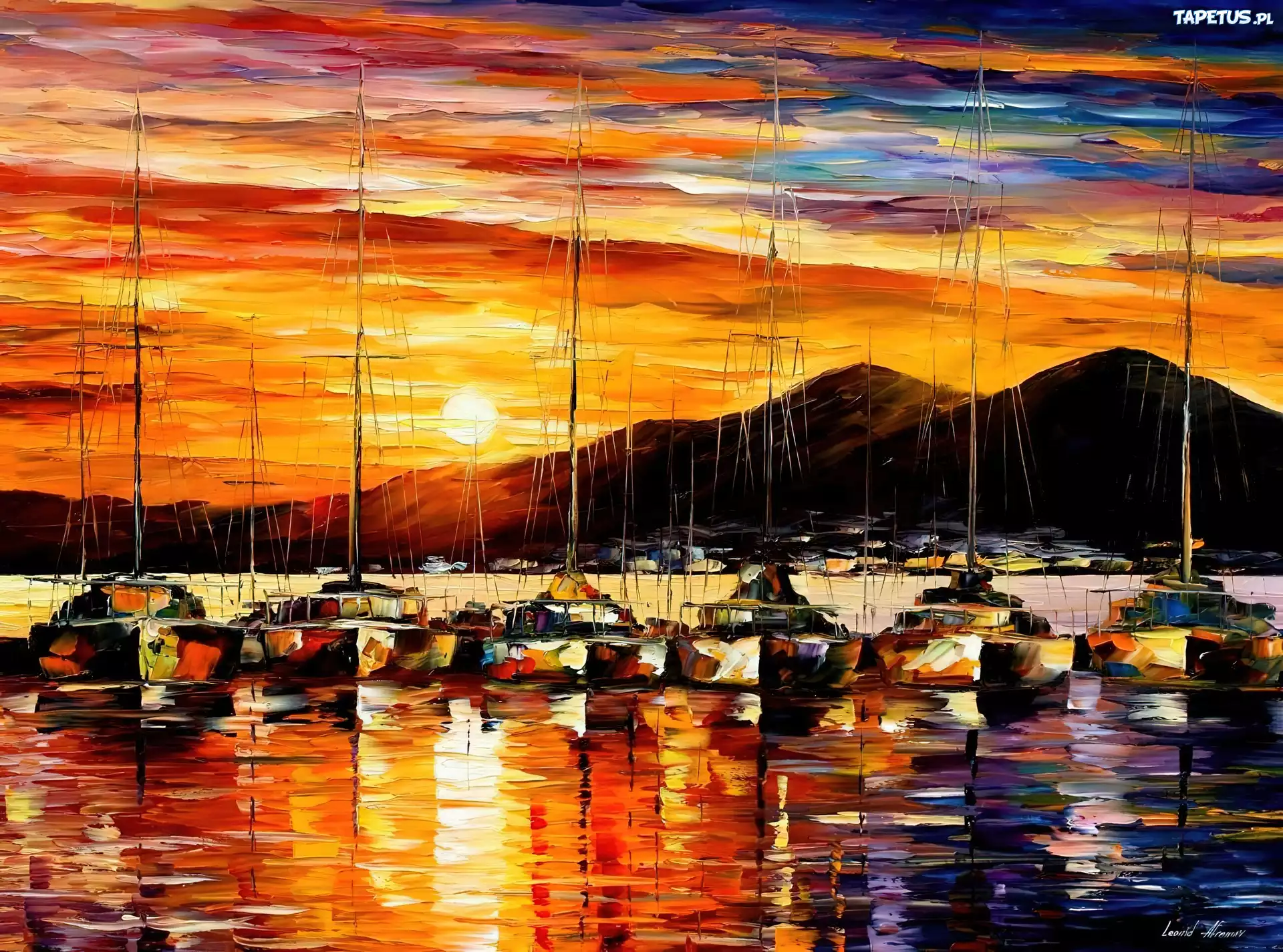 Obraz, Reprodukcja, Leonid Afremov, Żaglówki, Port