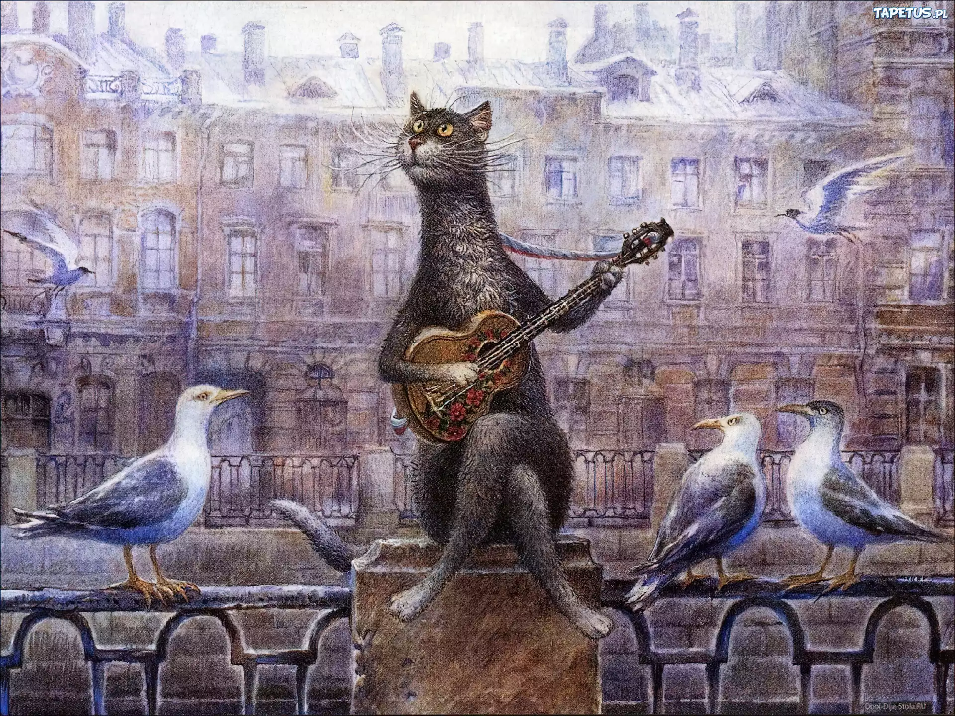 Włodzimierz Rumiancev, Obraz, Kot, Gitara, Gołębie