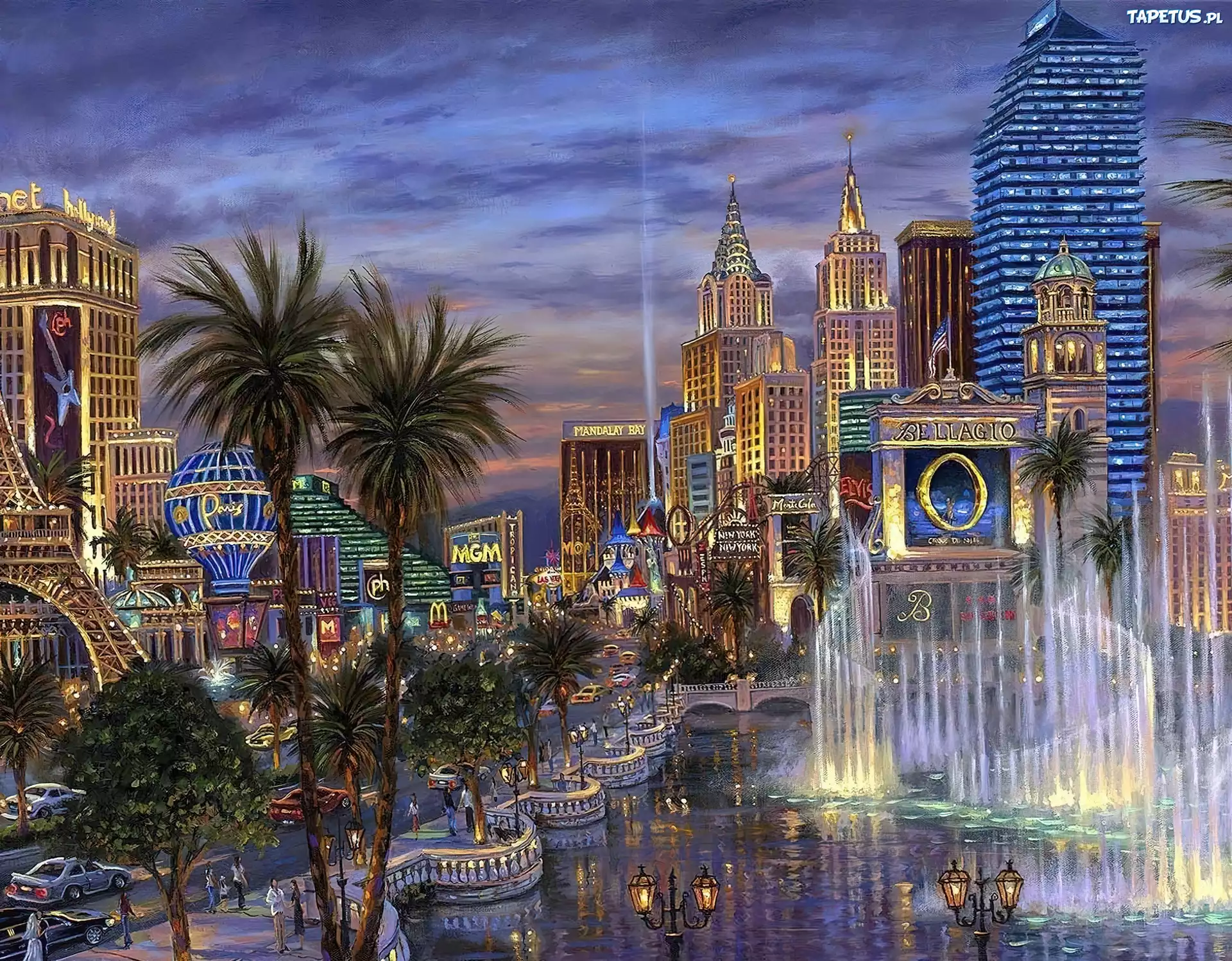 Las Vegas, Panorama, Rzeka, Palmy, Drapacze, Chmur, Noc