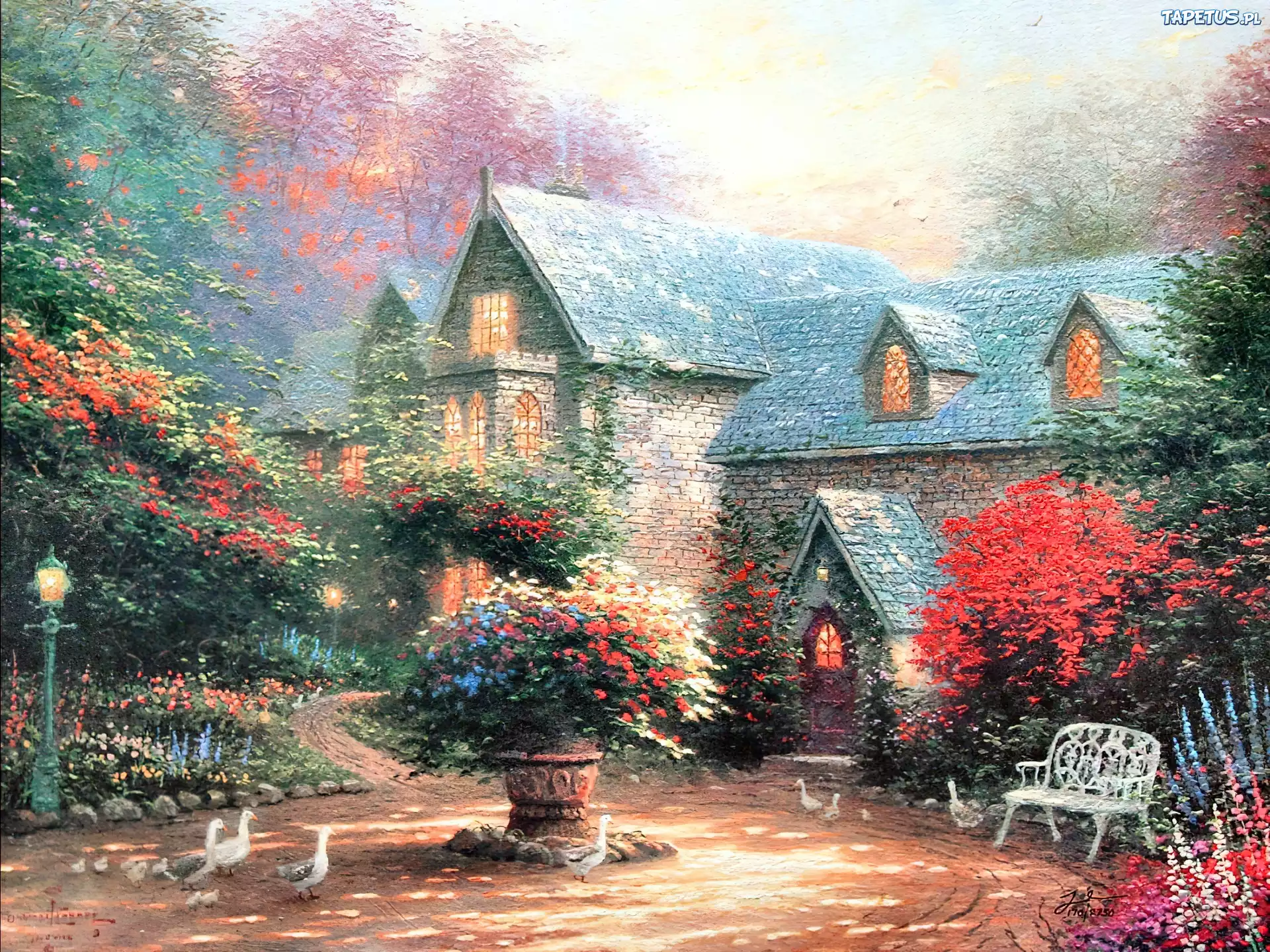 Dom, Ogród, Kwiaty, Thomas Kinkade