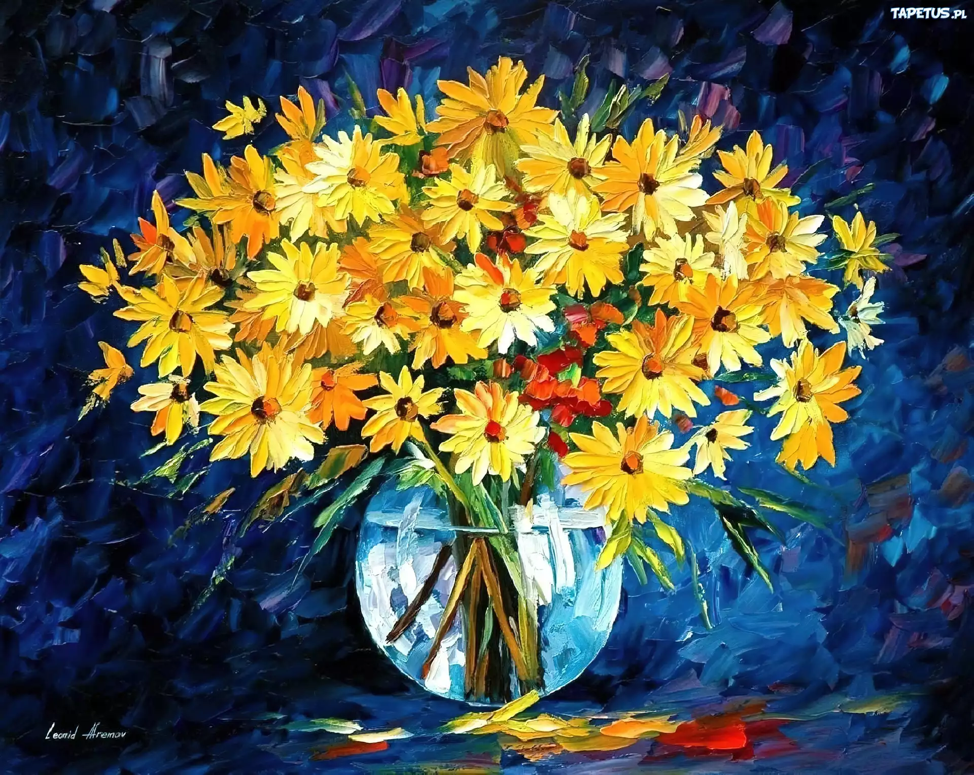 Obraz, Reprodukcja, Żółte, Kwiaty, Bukiet, Leonid Afremov
