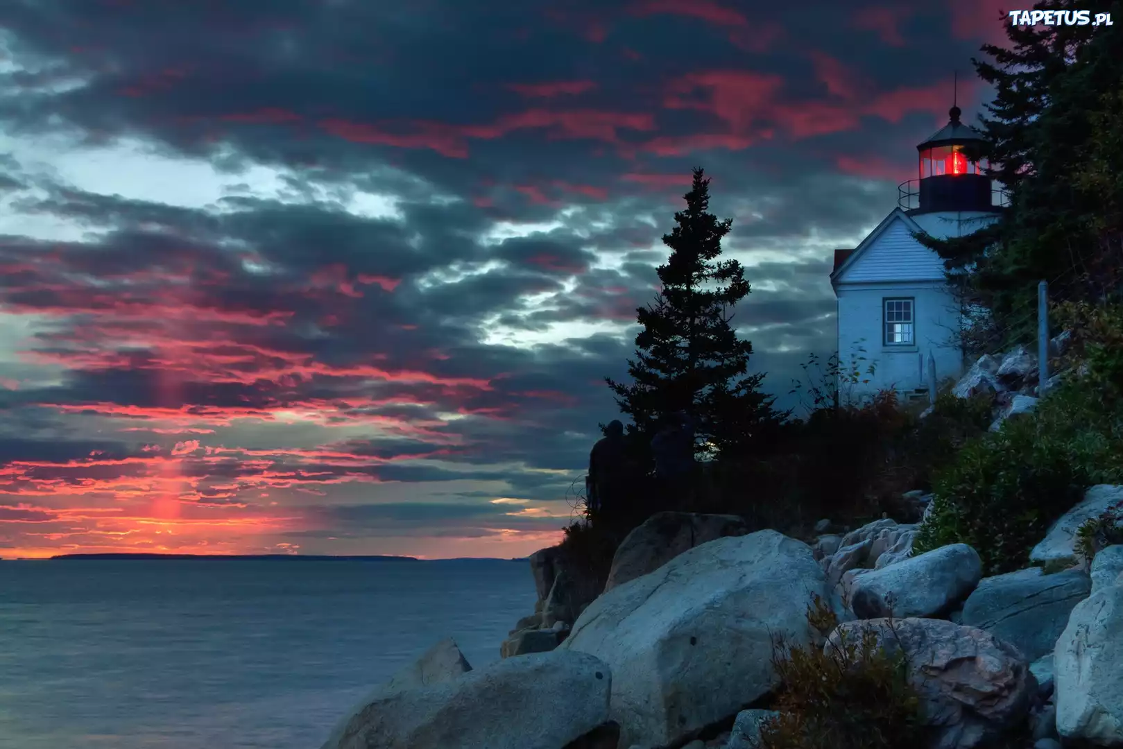 Latarnia, Morska, Morze, Zachód Słońca, Bass Harbor, Maine