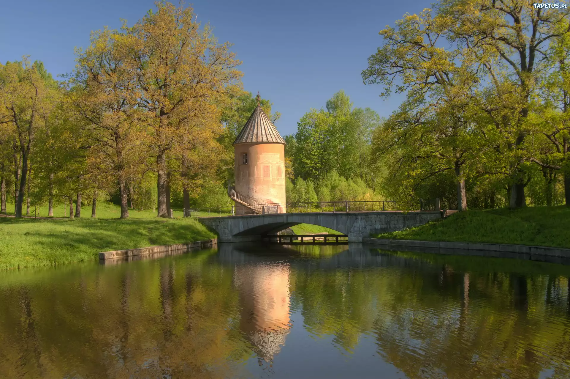 Park, Rzeka, Mostek, Drzewa