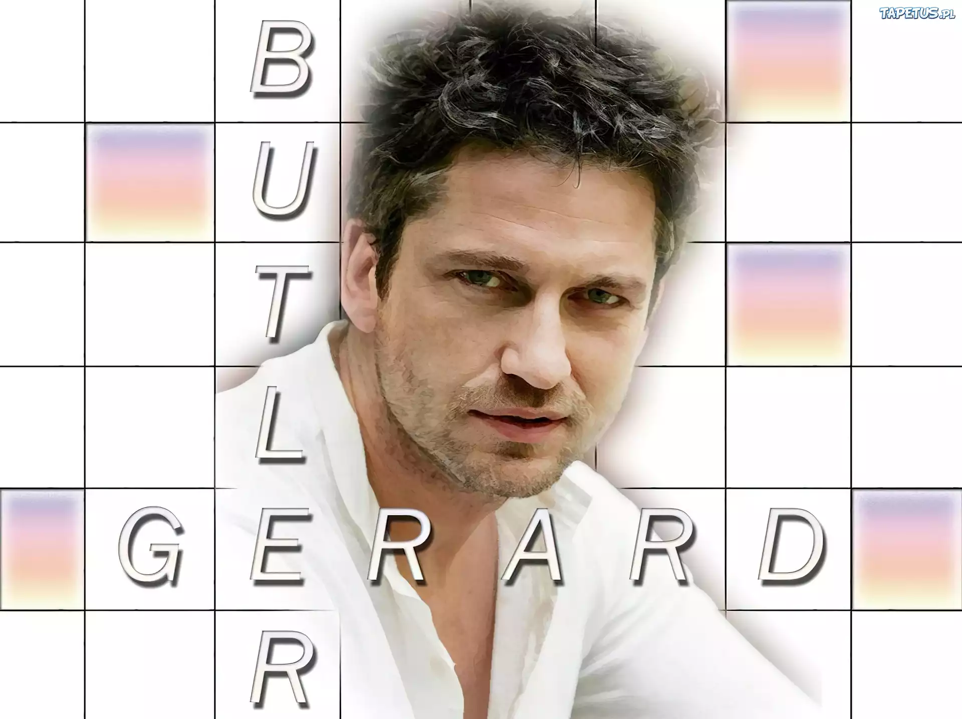 Gerard Butler,białą koszula, blond włosy