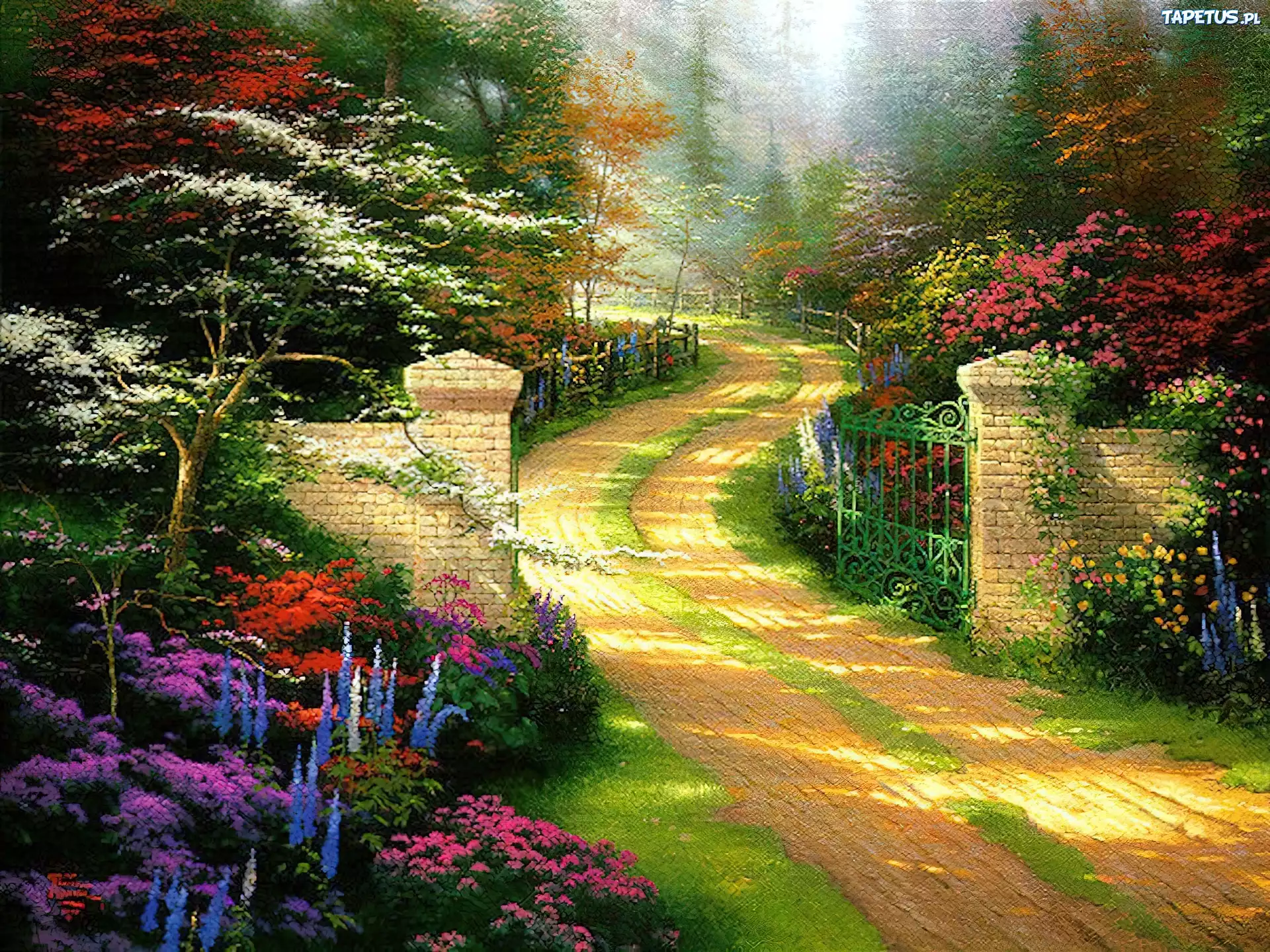 Droga, Brama, Kwiaty, Thomas Kinkade