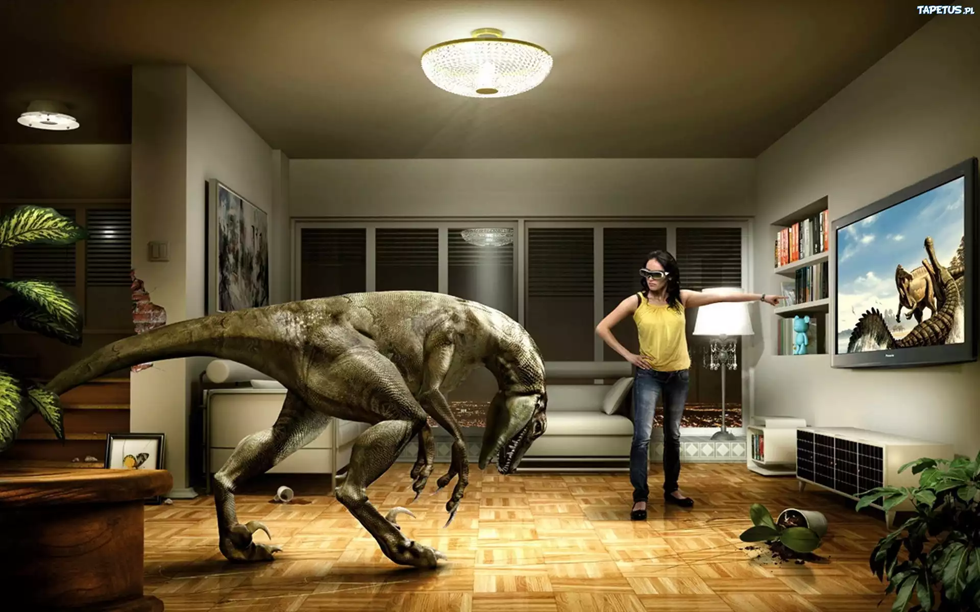 Kobieta, Dinozaur, Telewizor