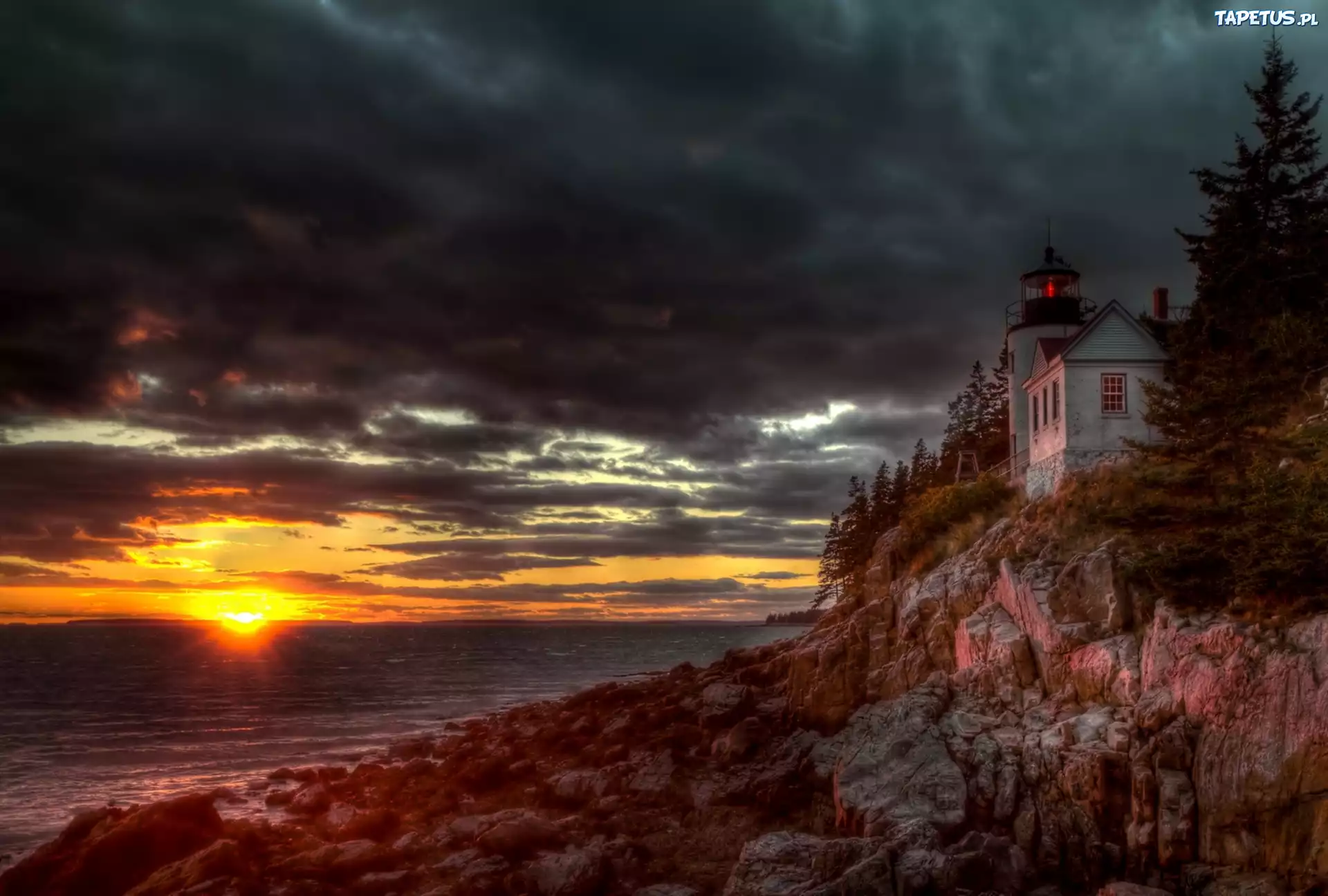 Latarnia Morska, Morze, Chmury, Zachód Słońca, Bass Harbor, Maine