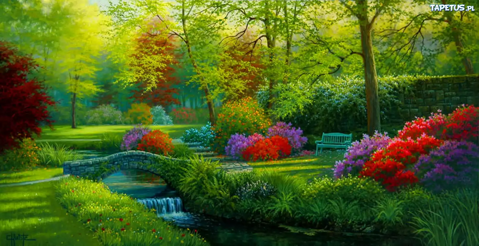 Park, Rzeczka, Mostek, Ławka, Kwiaty